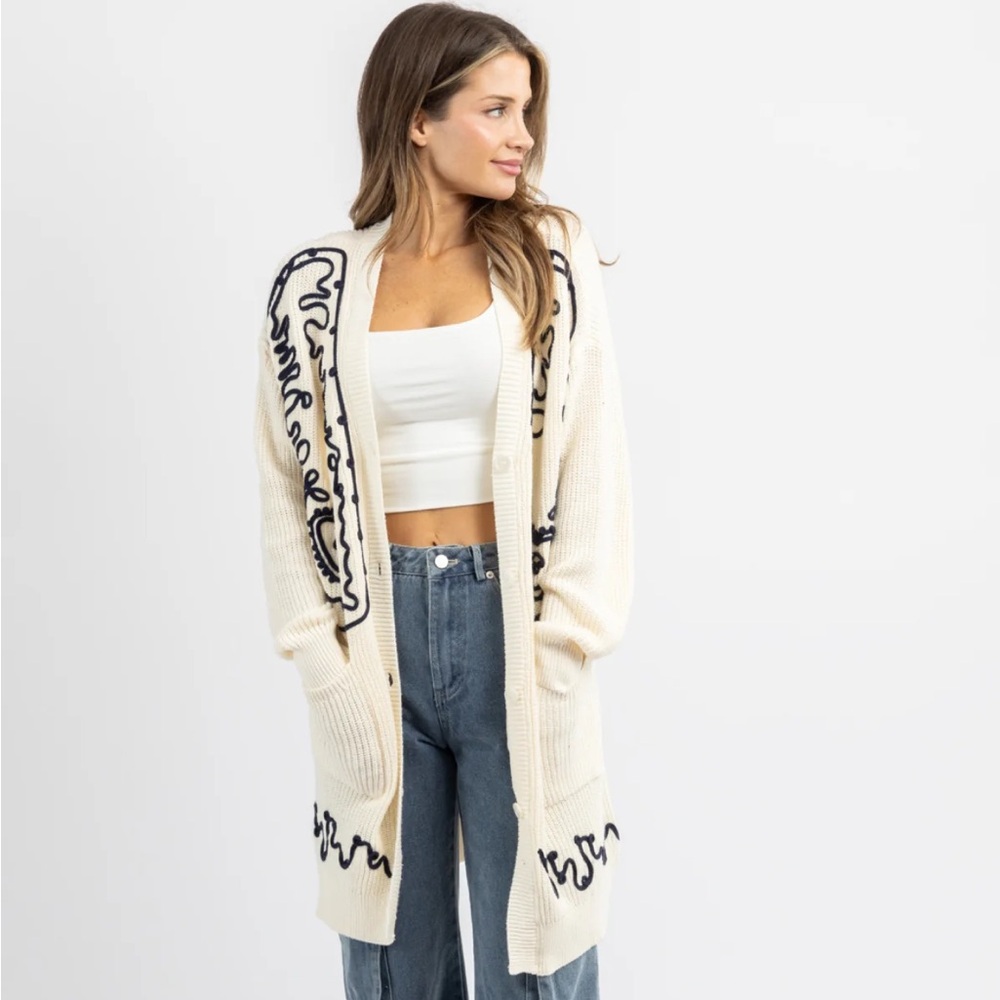 Lalavon all love contrast embroidered long cardigan sweater S cream navy blue